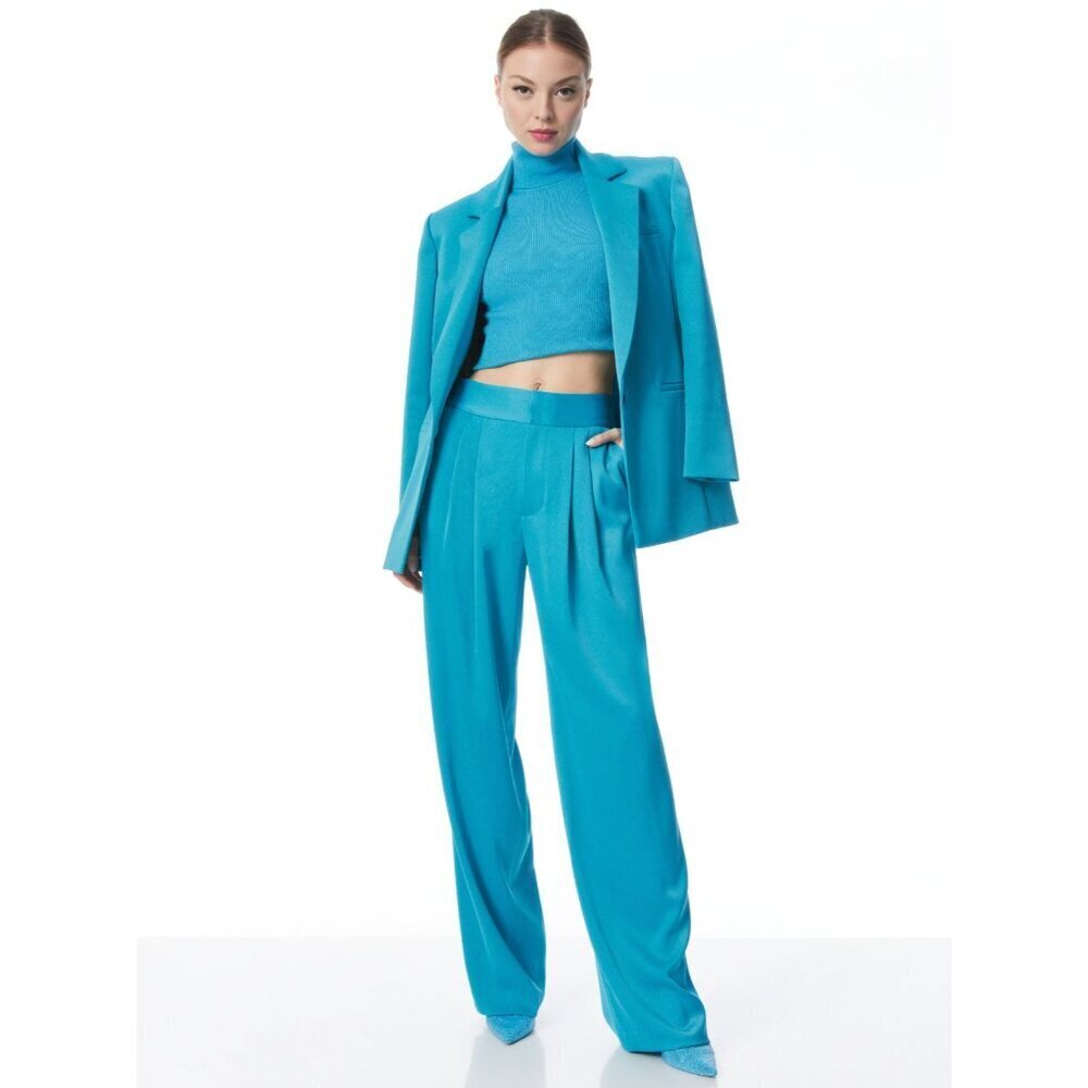 Alice + Olivia Atia Blue Satin Pants High Waist Pleated Suit Wide Leg SZ 8 NEW